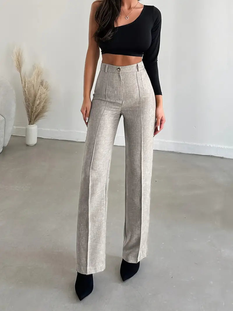 Solid Colored Wide Leg Pants with High Waist