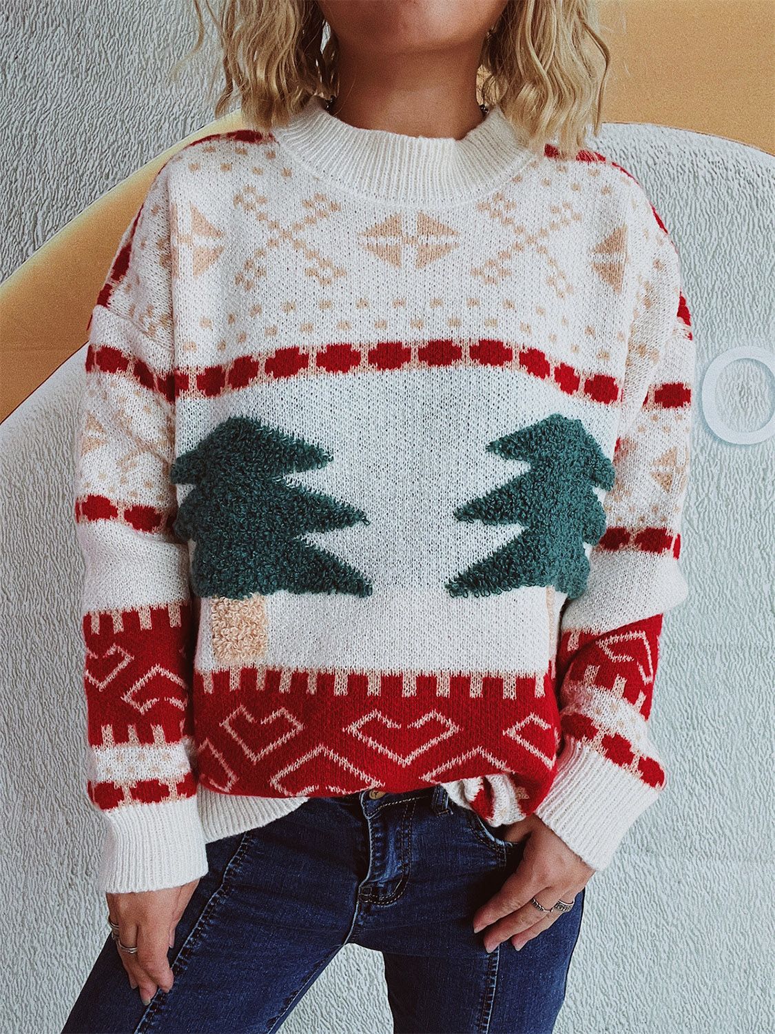 Christmas Tree Sweater with Long Sleeves and Round Neck