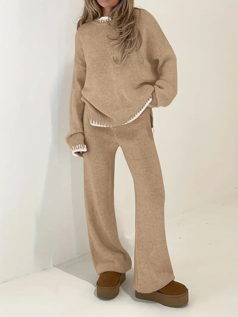 2-Piece Comfortable Set: Sweater with Contrasting Trim and High-Waisted Pants for Women