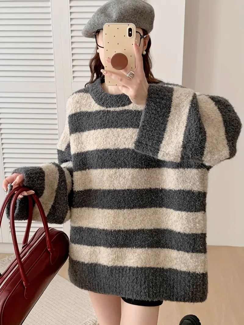 Chic Striped Pullover Sweater with Round Neck for Women