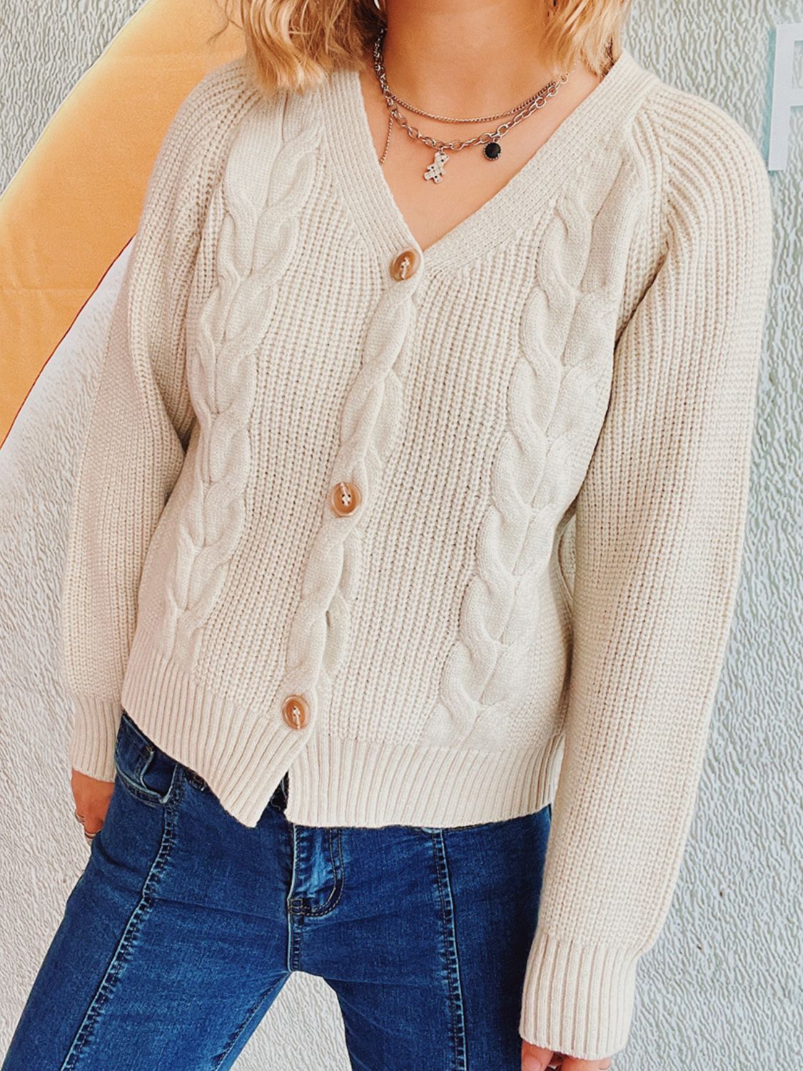 Cable Knit V-Neck Cardigan with Button Closure and Long Sleeves