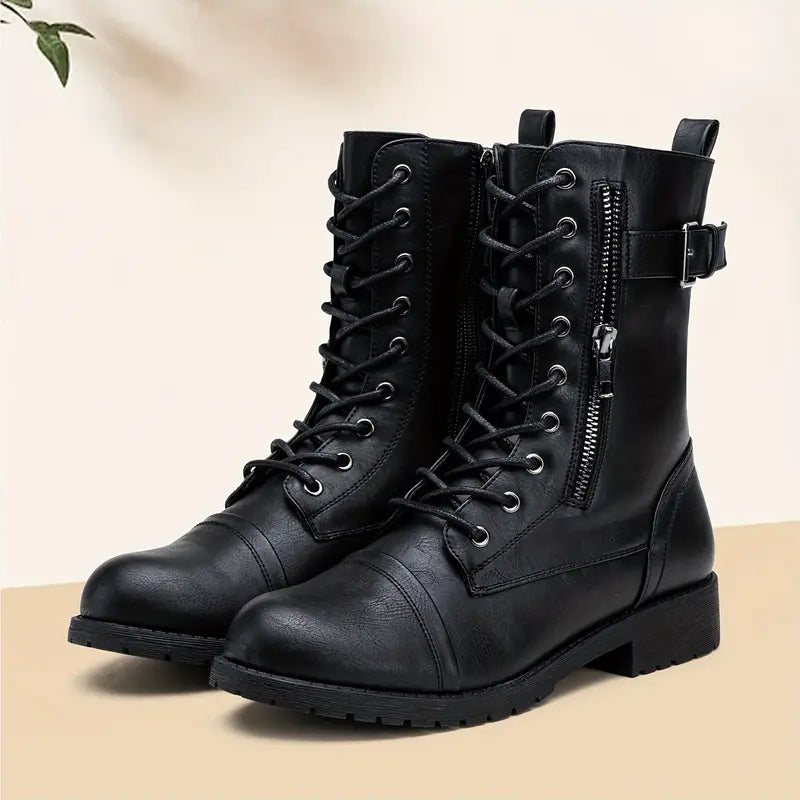 Fashionable Lace-Up Boots with Side Zipper