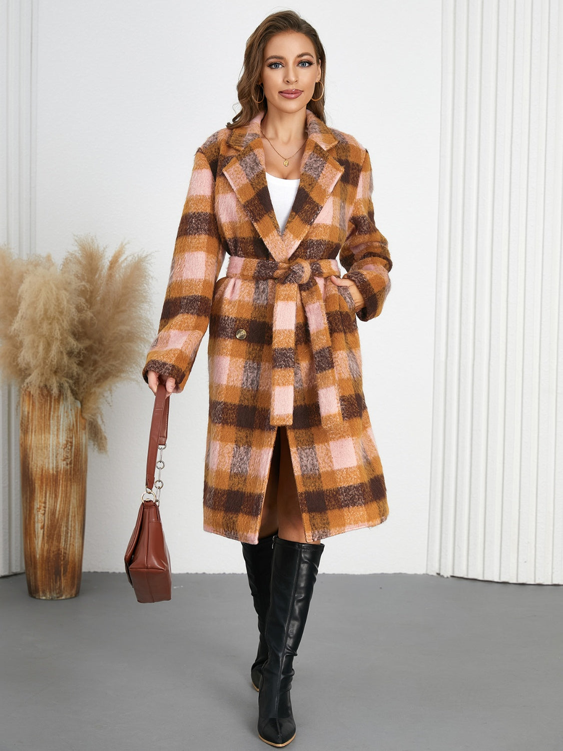 Amelia - Knitted Checked Coat with Collar