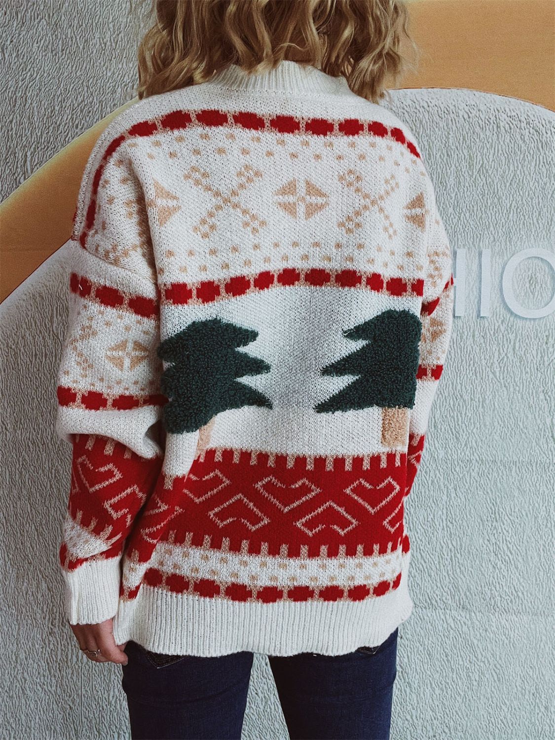 Christmas Tree Sweater with Long Sleeves and Round Neck