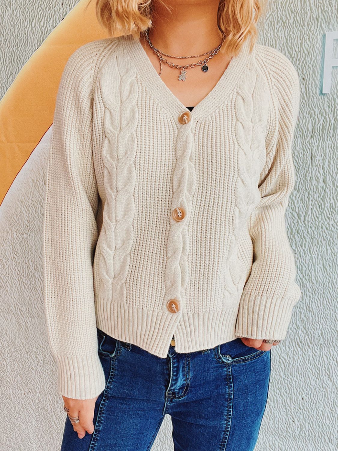 Cable Knit V-Neck Cardigan with Button Closure and Long Sleeves